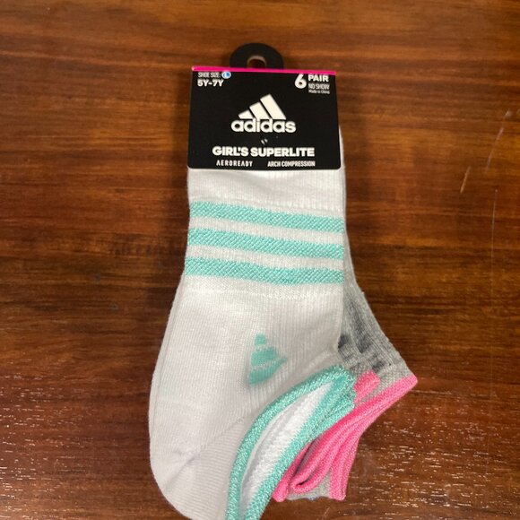 Adidas Girls Superlite Aeroready 6 Pair No Show Socks 5Y-7Y Multicolor - Picture 1 of 2